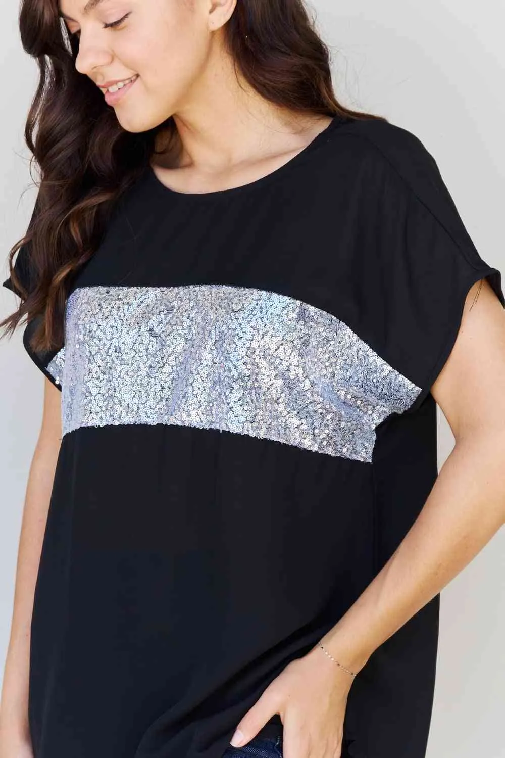 Shine Bright Full Size Center Mesh Sequin Top in Black/Silver