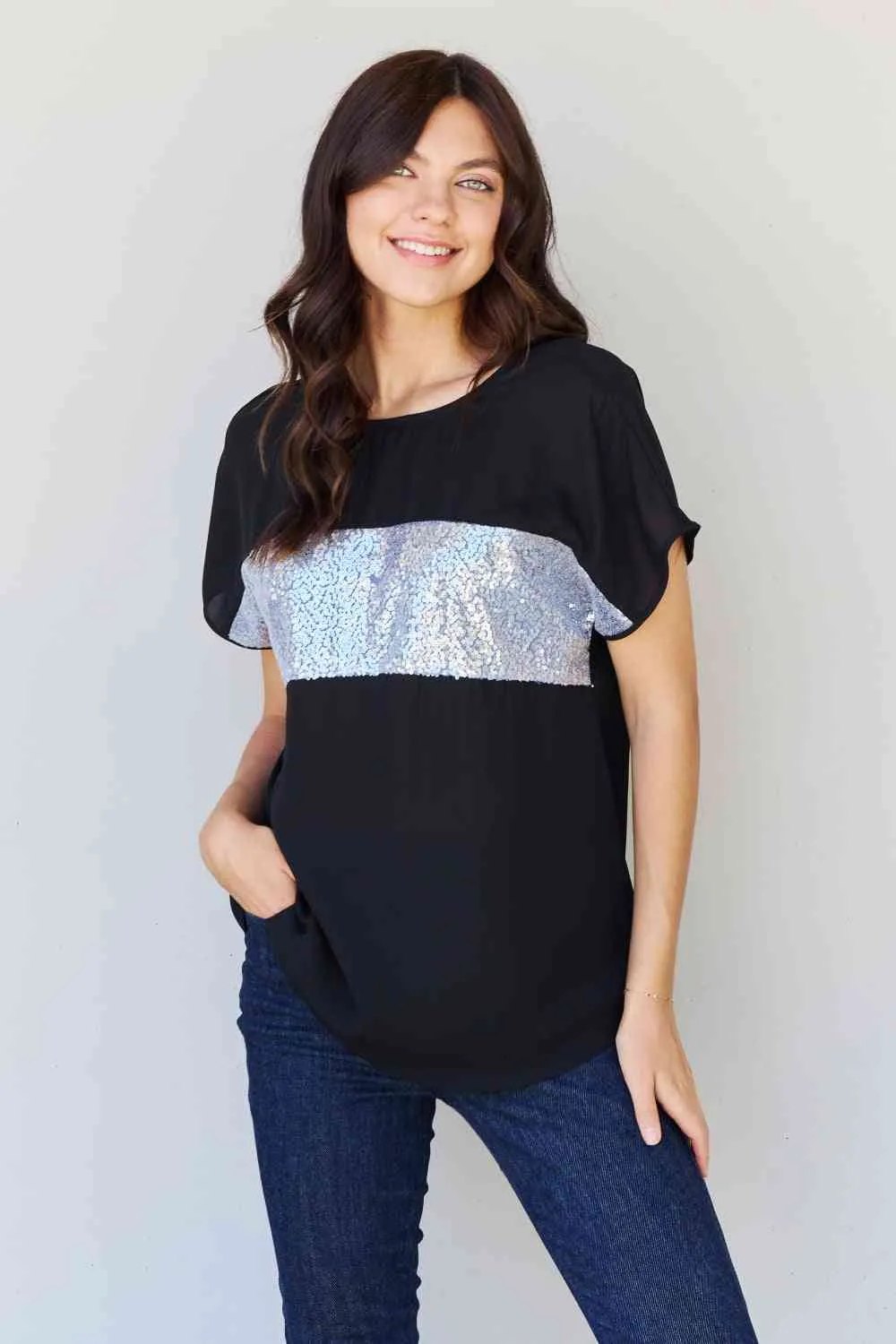 Shine Bright Full Size Center Mesh Sequin Top in Black/Silver