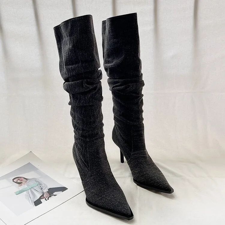 Stylish Leather Knee-High Boots for Women,  Spring Fall Winter Black Slouch Heel Boots, Pointed Toe Slouchy Leather Stiletto Heel Boots