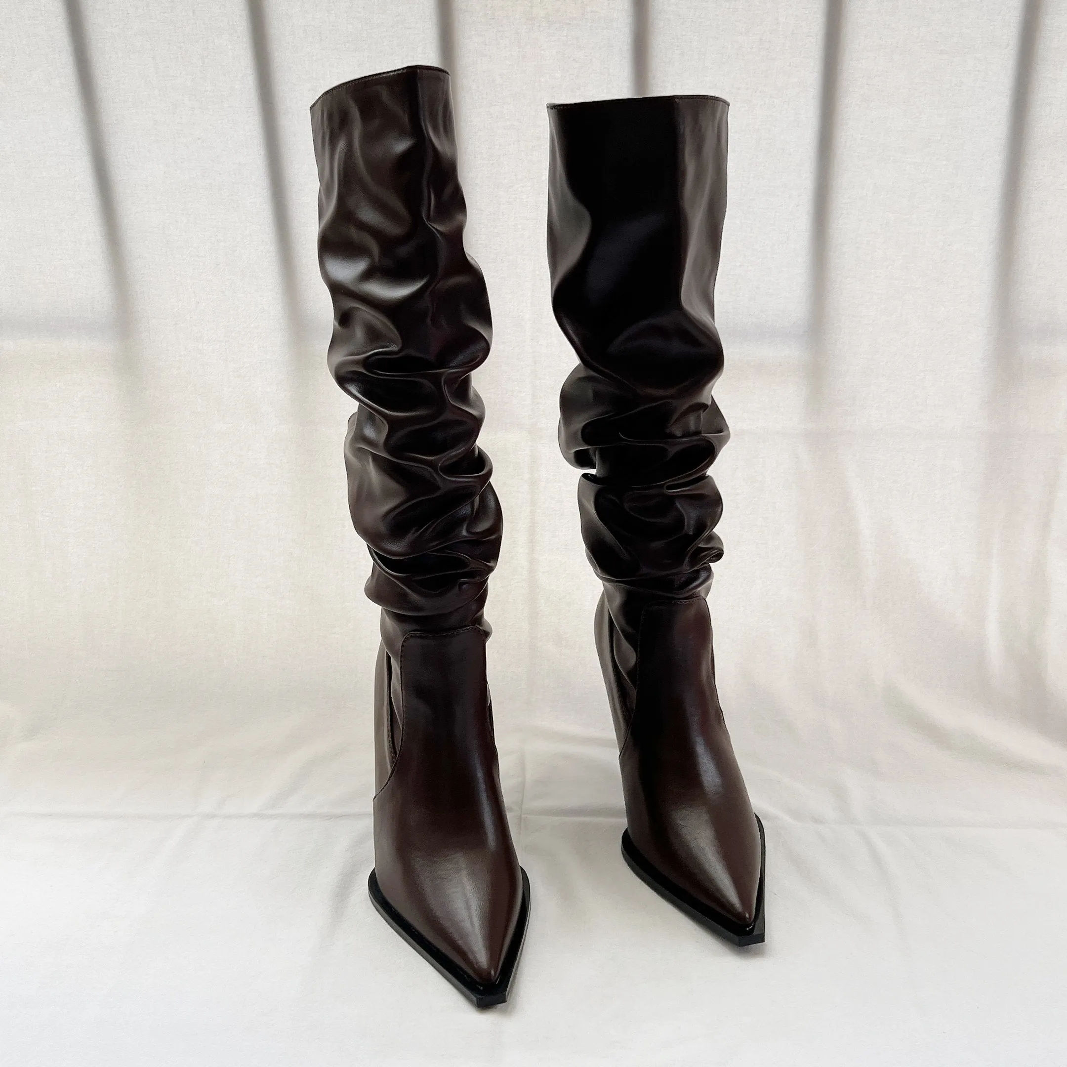 Stylish Leather Knee-High Boots for Women,  Spring Fall Winter Black Slouch Heel Boots, Pointed Toe Slouchy Leather Stiletto Heel Boots