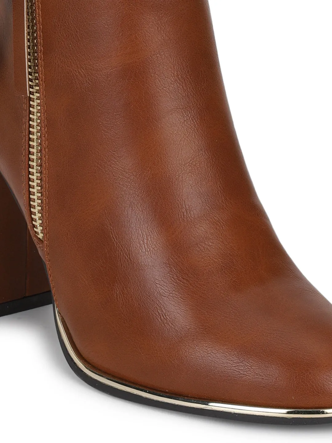 Tan PU Side Zipper Block Heel Ankle Boots