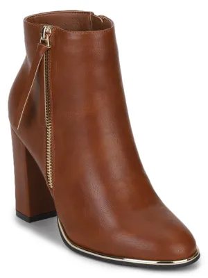 Tan PU Side Zipper Block Heel Ankle Boots