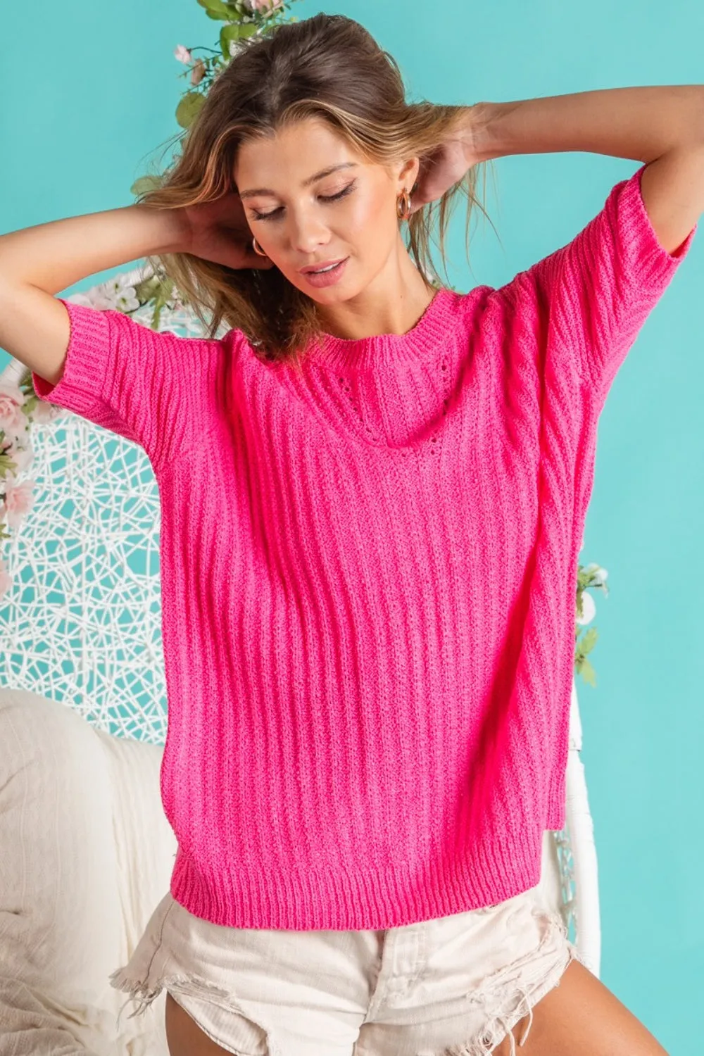 Textured Round Neck Short Sleeve Knit Top