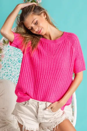 Textured Round Neck Short Sleeve Knit Top