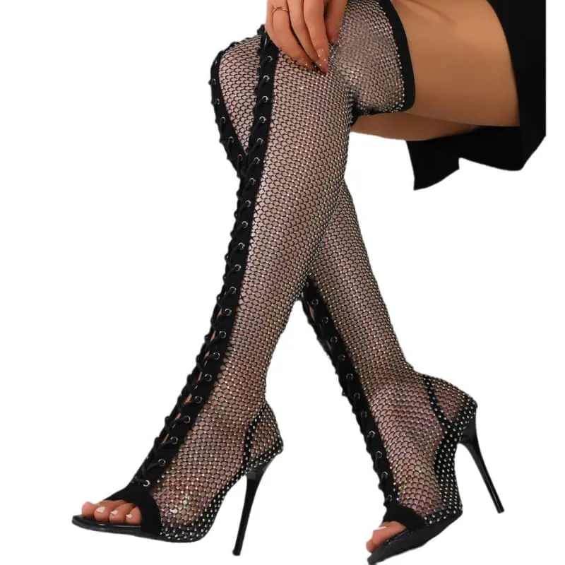 Thigh-high Open Toe Mesh Pointed Toe Sandal Boots