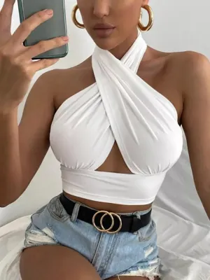 Uniwim Women Summer Tank Tops Sexy Solid Color Cross Halter Neck Push Up Hollow Crop Tops High Street Wear 2024 New Fashion