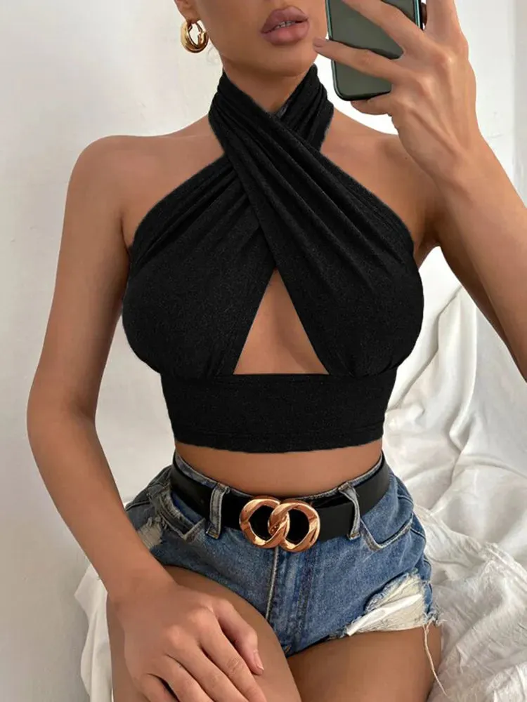 Uniwim Women Summer Tank Tops Sexy Solid Color Cross Halter Neck Push Up Hollow Crop Tops High Street Wear 2024 New Fashion