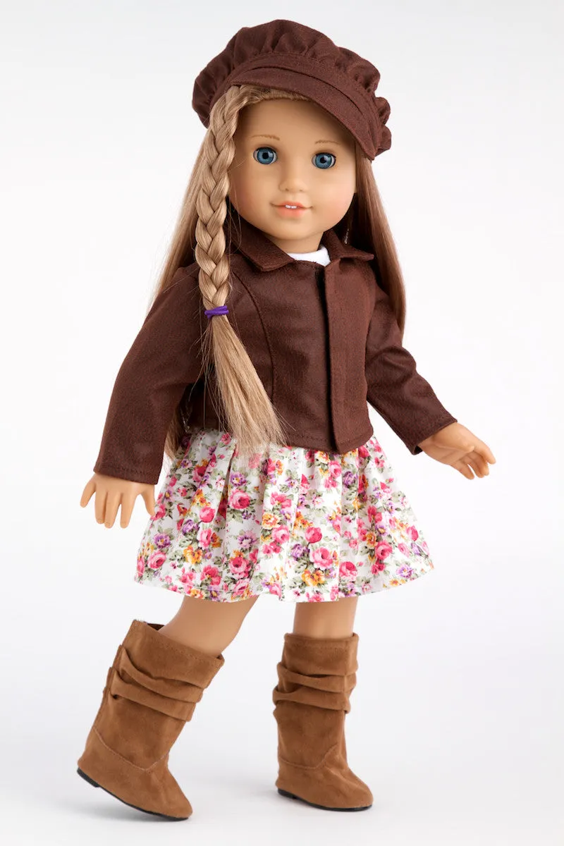 Urban Explorer - Clothes for 18 inch Doll - Brown Motorcycle Jacket, Paperboy Hat, Dress and Boots