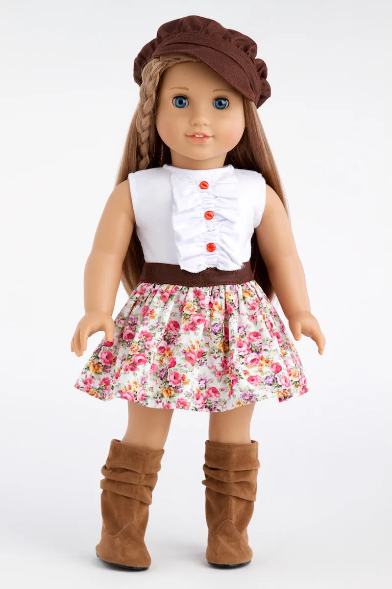 Urban Explorer - Clothes for 18 inch Doll - Brown Motorcycle Jacket, Paperboy Hat, Dress and Boots