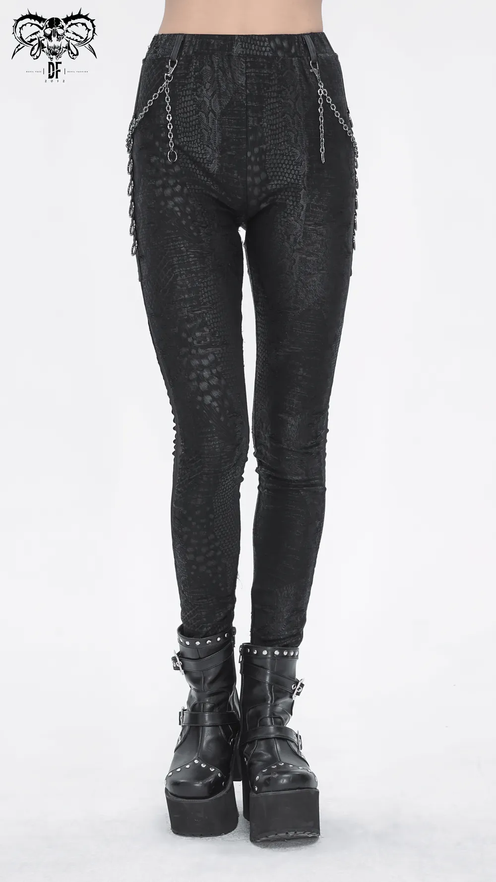 US SALE of Chic Reptile Print Skinny Leggings with Chain for Women