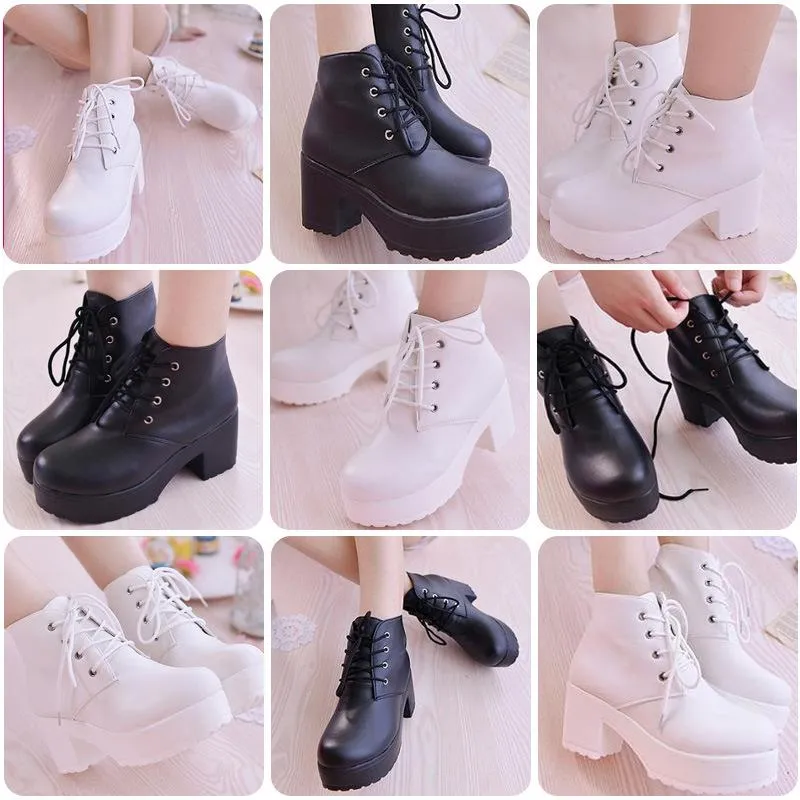 Women ankle short solid color lace up chunky heel platform boots