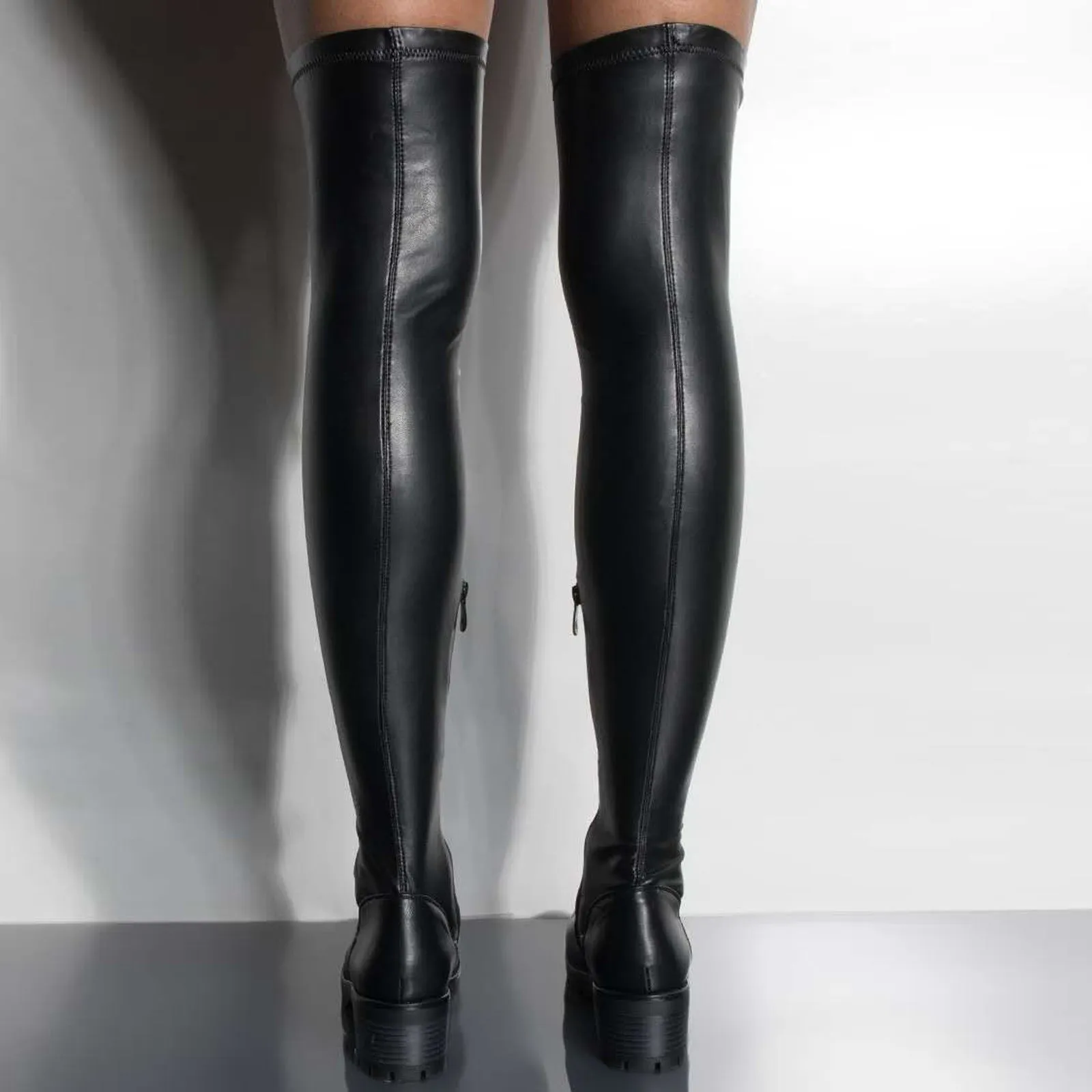 Women chunky heel round toe side zipper vintage PU over the knee boots