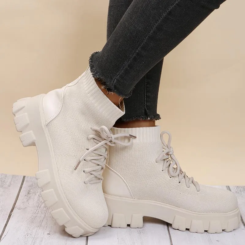 Women chunky platform fashion knit short lace up boots