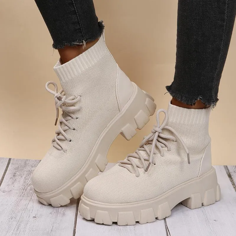 Women chunky platform fashion knit short lace up boots