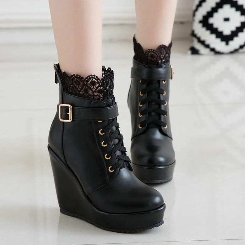 Women lace flower lace up platform wedge heeled booties