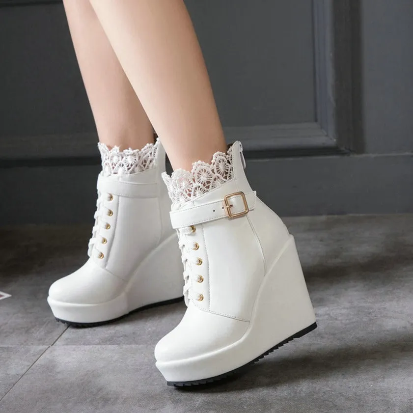 Women lace flower lace up platform wedge heeled booties