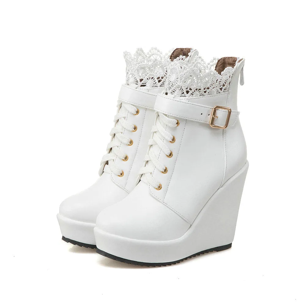 Women lace flower lace up platform wedge heeled booties