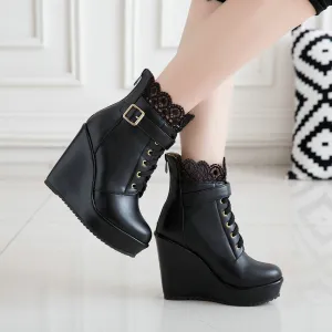 Women lace flower lace up platform wedge heeled booties