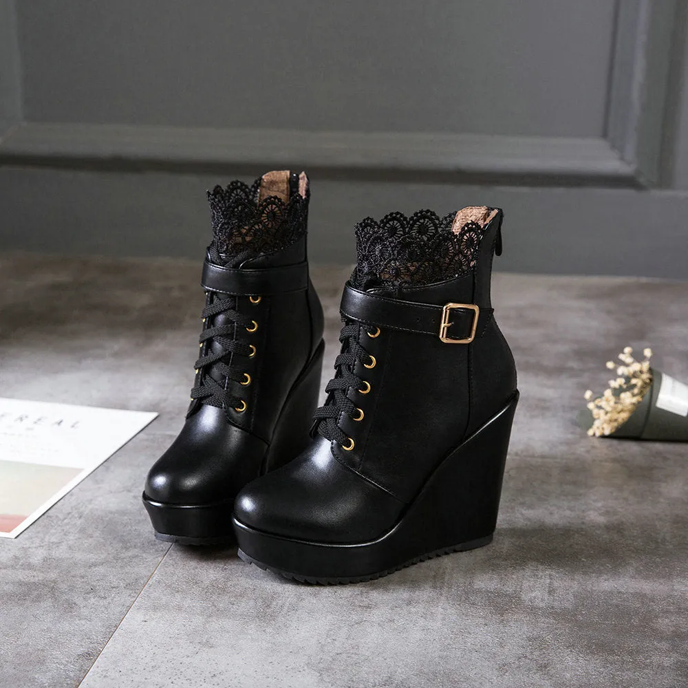 Women lace flower lace up platform wedge heeled booties