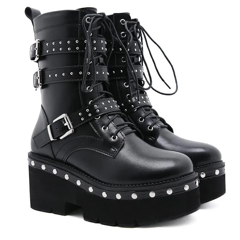 Women motorcycle studded lace up buckle strap black platform boots