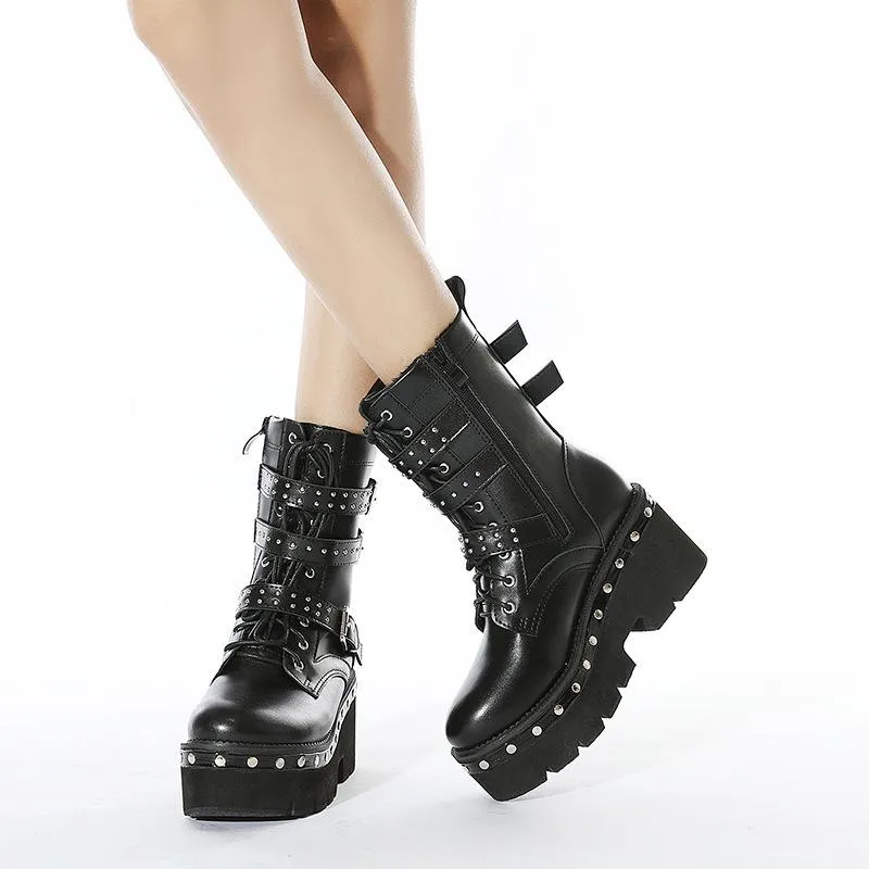 Women motorcycle studded lace up buckle strap black platform boots