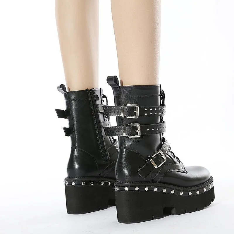 Women motorcycle studded lace up buckle strap black platform boots