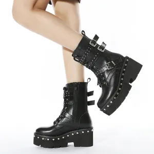 Women motorcycle studded lace up buckle strap black platform boots