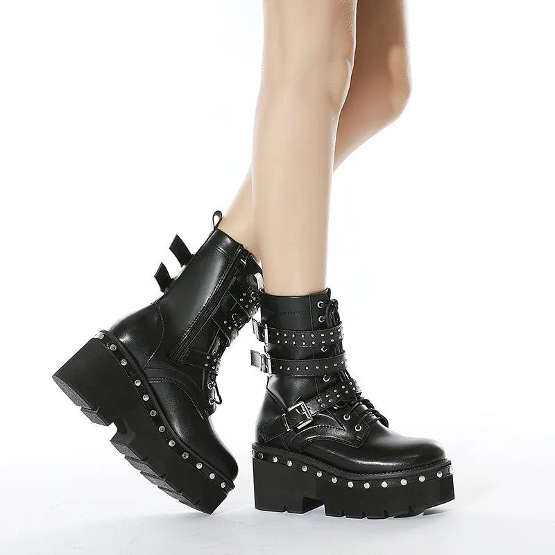 Women motorcycle studded lace up buckle strap black platform boots