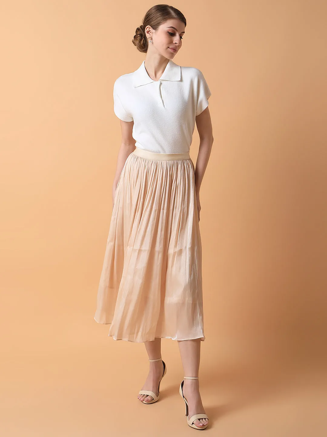 Women Solid Cream Flared Midi Skirt