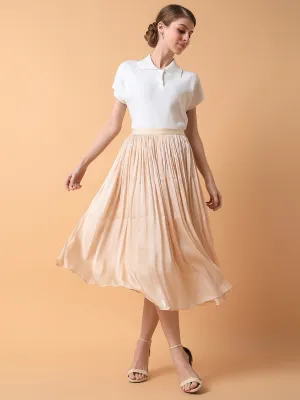 Women Solid Cream Flared Midi Skirt