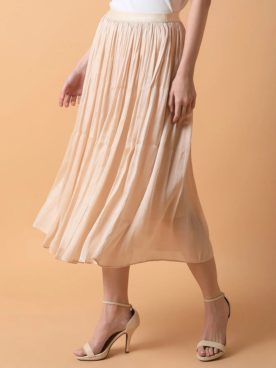 Women Solid Cream Flared Midi Skirt