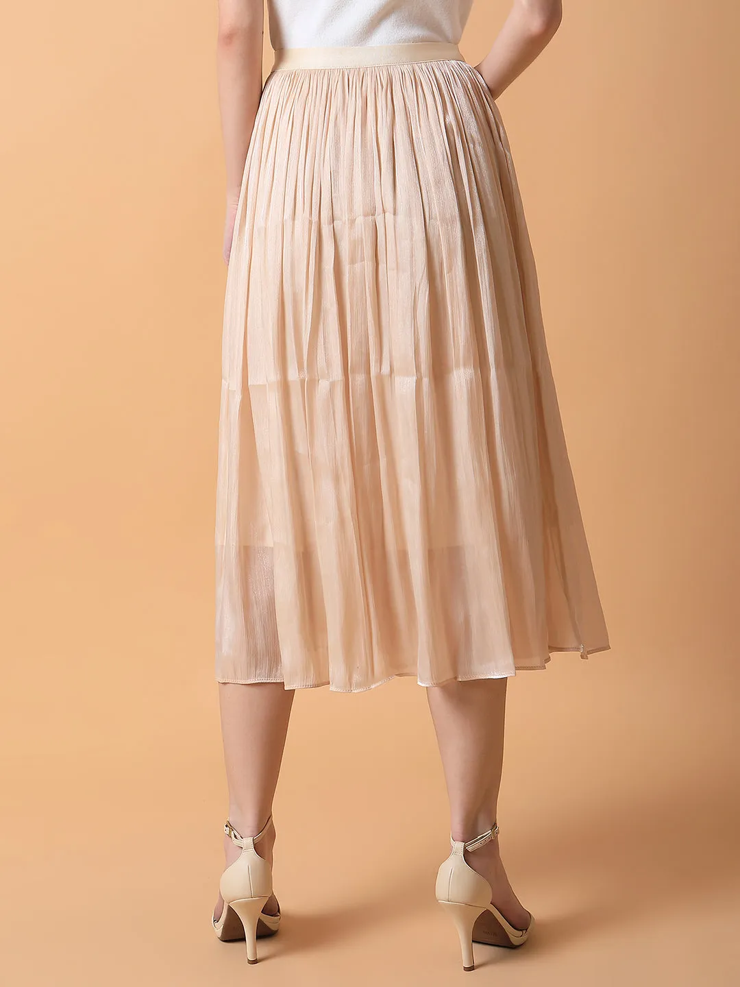 Women Solid Cream Flared Midi Skirt