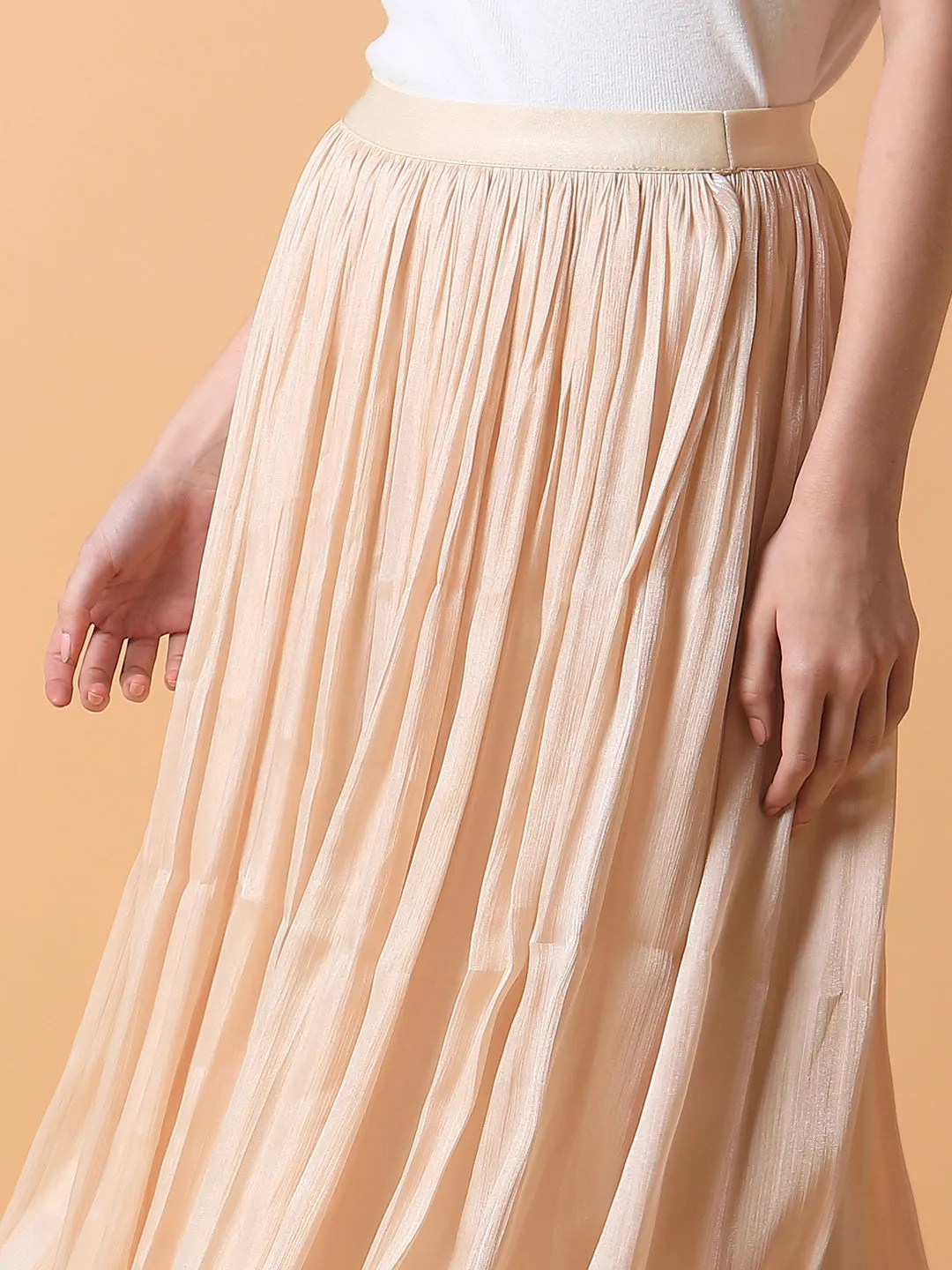 Women Solid Cream Flared Midi Skirt