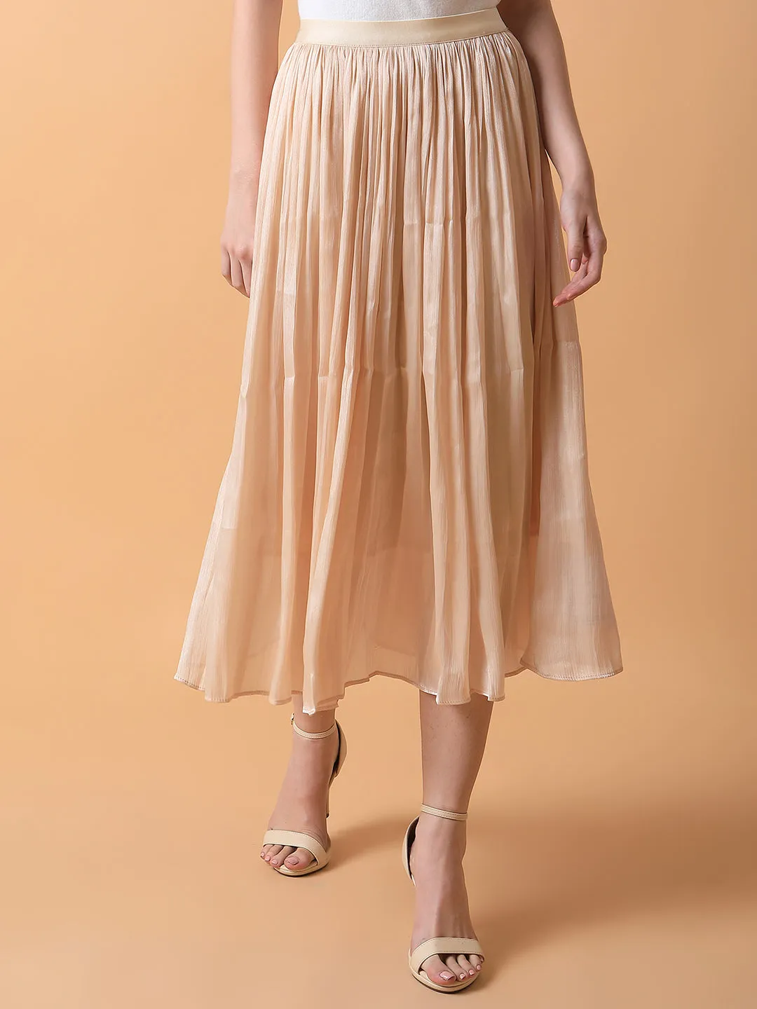 Women Solid Cream Flared Midi Skirt