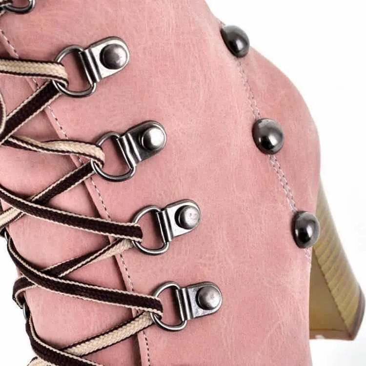 Women studded lace up chunky high heel boots