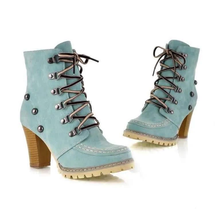 Women studded lace up chunky high heel boots