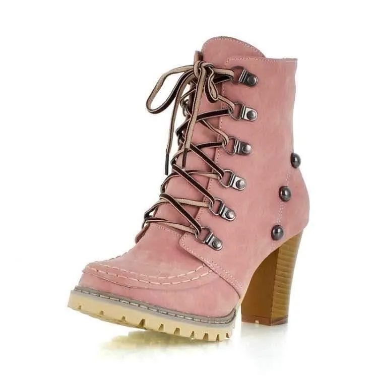 Women studded lace up chunky high heel boots