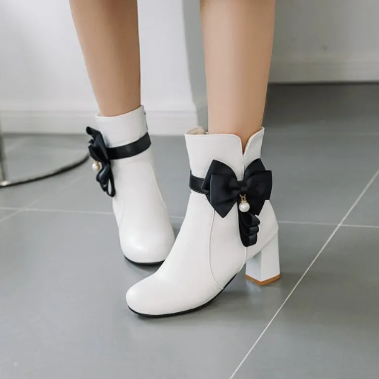 Women's Bicolor Knot Side Zippers Block Heel Ankle Boots