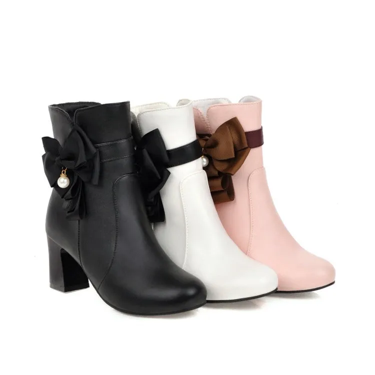 Women's Bicolor Knot Side Zippers Block Heel Ankle Boots