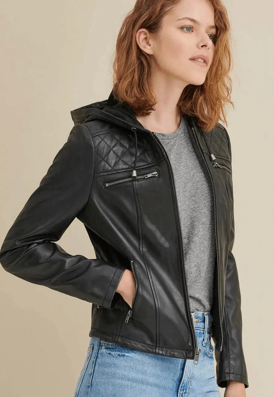 Women's Black Leather Hooded Biker Jacket