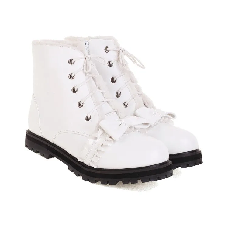 Women's  Bowtie Lace Low Heel Short Snow Boots