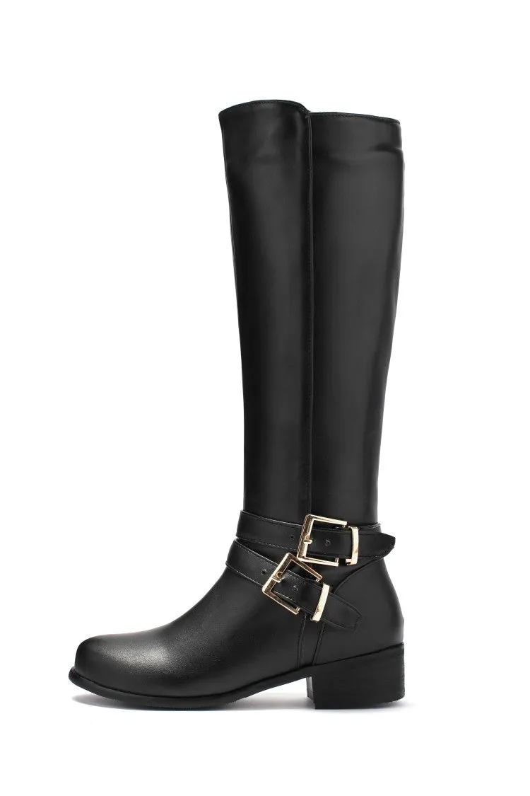 Women's Buckle Belt Low Heel Knee High Boots