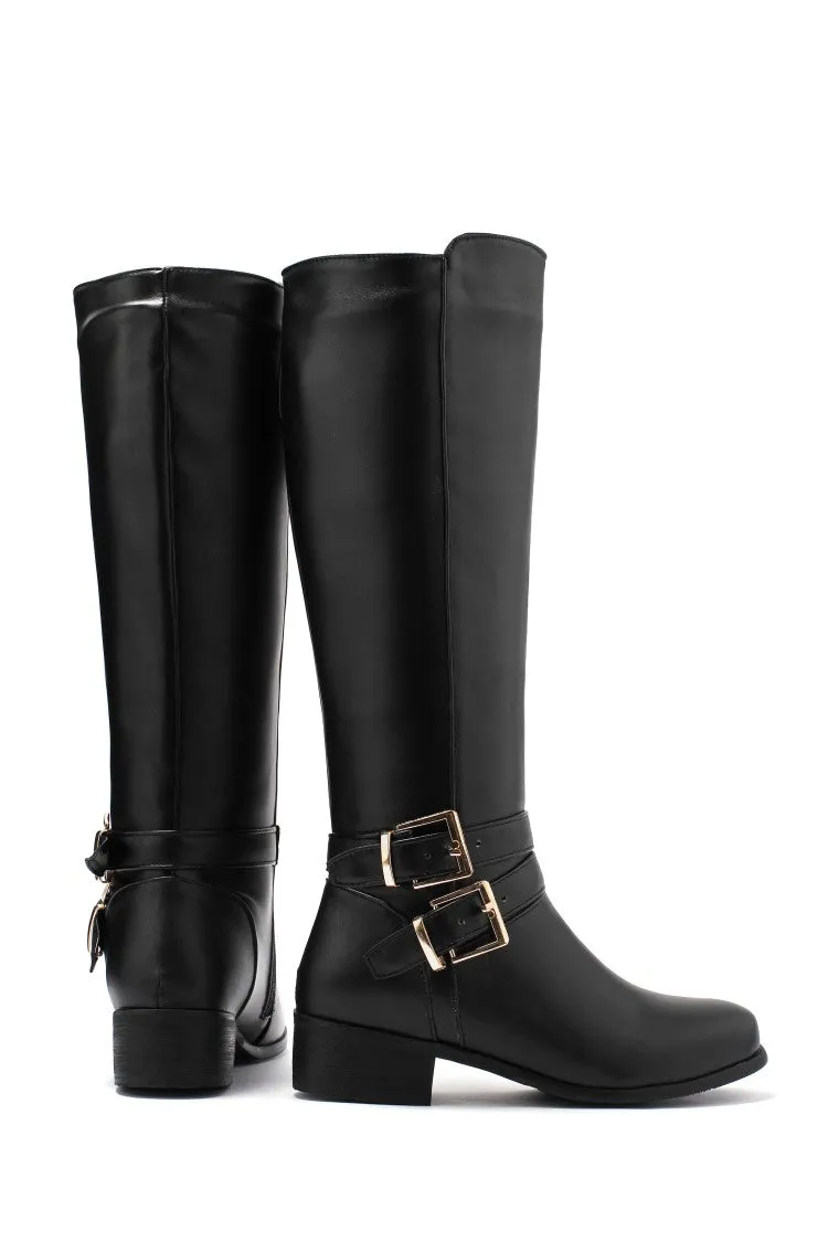 Women's Buckle Belt Low Heel Knee High Boots