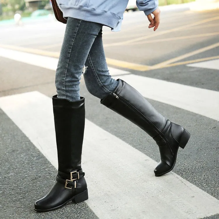 Women's Buckle Belt Low Heel Knee High Boots