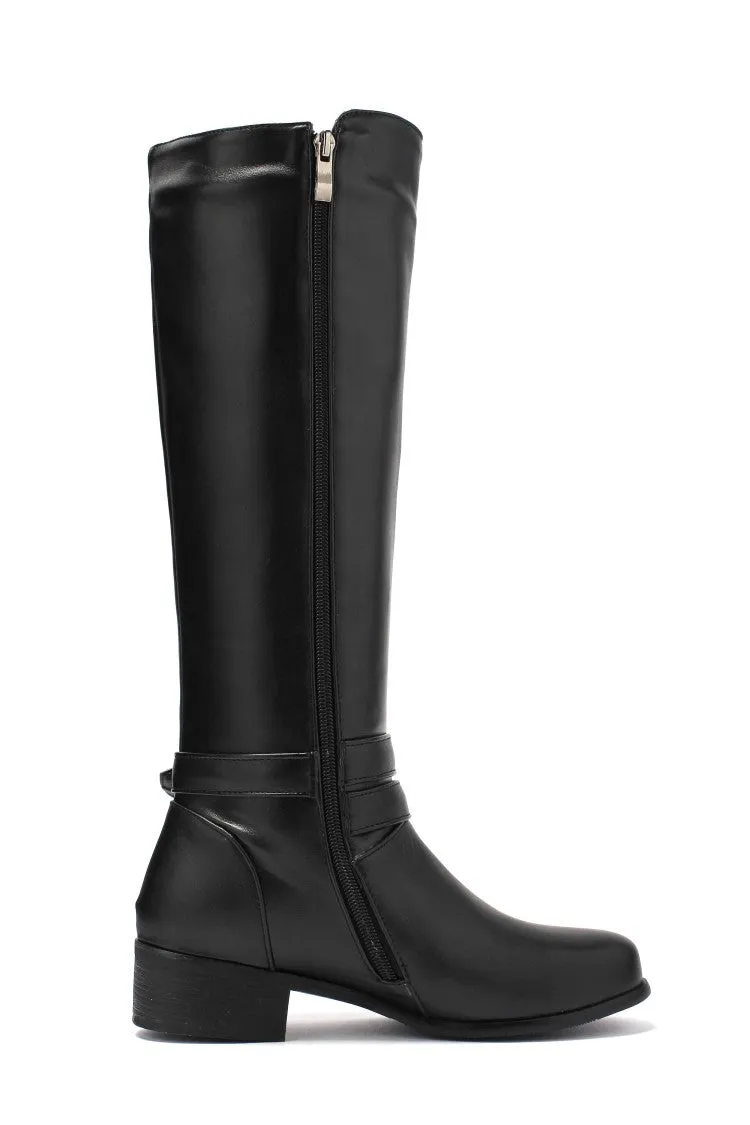 Women's Buckle Belt Low Heel Knee High Boots