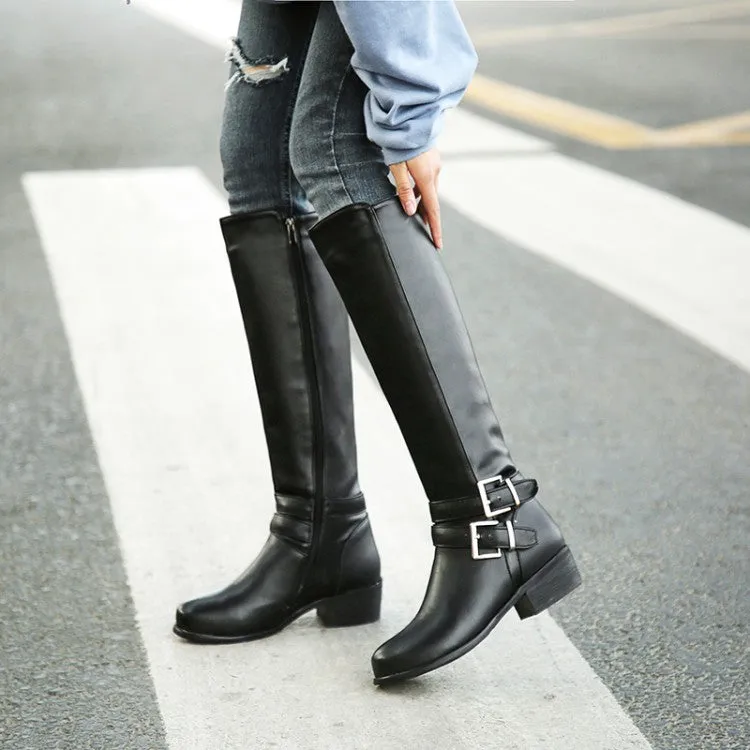 Women's Buckle Belt Low Heel Knee High Boots