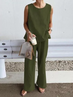 Women's Casual Loose Sleeveless Slit Vest   Pants Set