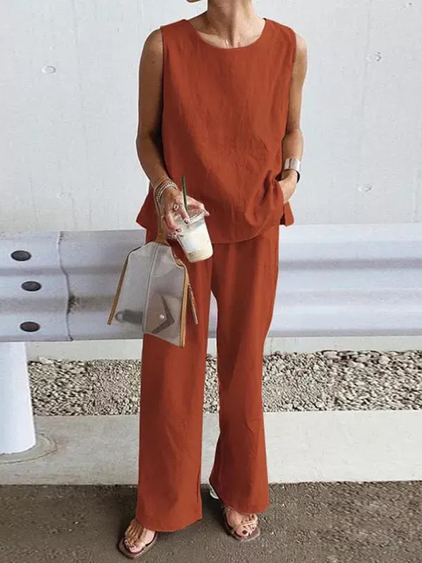 Women's Casual Loose Sleeveless Slit Vest   Pants Set