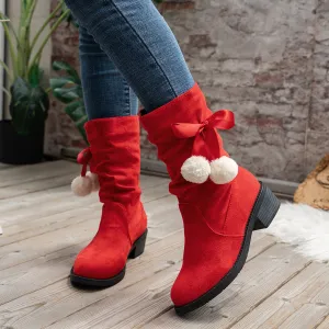 Women's Christmas bowknot décor red mid calf boots