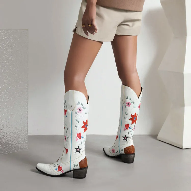 Women's Ethnic Love Hearts  Printed Low Heels Cowboy Mid Calf Boots